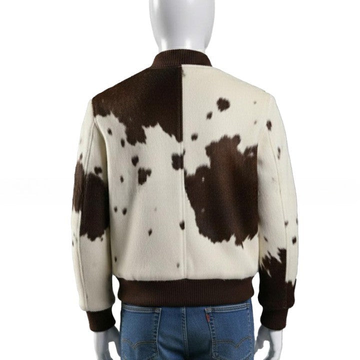 Mens Cream and Brown Zip Bomber Leather Jacket with Ribbed Trim  Casual Urban Outerwear
