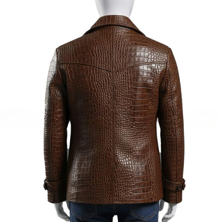 Embossed Brown Leather Peacoat  Mens Double Breasted Jacket