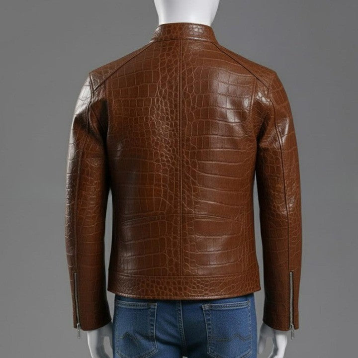 Mens Brown Crocodile Embossed Genuine Leather Jacket