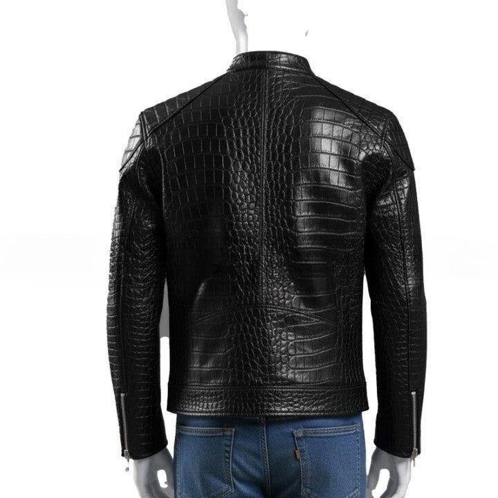 Mens Black Crocodile Embossed Leather Jacket  Genuine Leather Biker Style Handmade Jackets