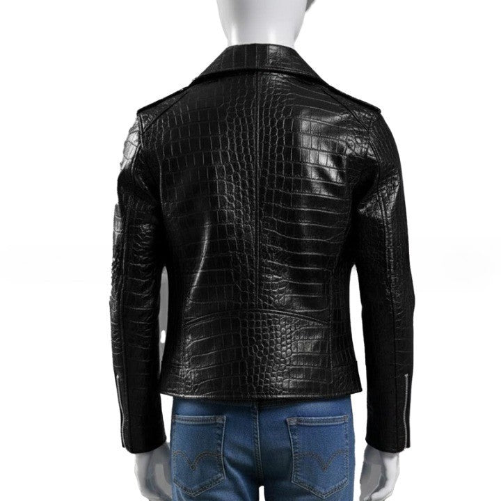 Mens Black Crocodile Embossed Leather Biker Jacket  Genuine Leather Motorcycle Moto Jackets Handmade