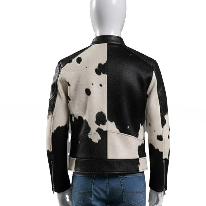 Mens Black and White Abstract Pattern Leather Jacket with Button Front  Contemporary Casual Outerwear