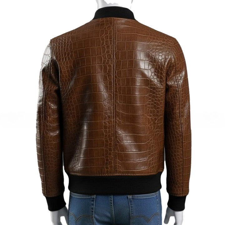 Mens Crocodile Embossed Leather Bomber Jacket  Genuine Leather Aviator Coat