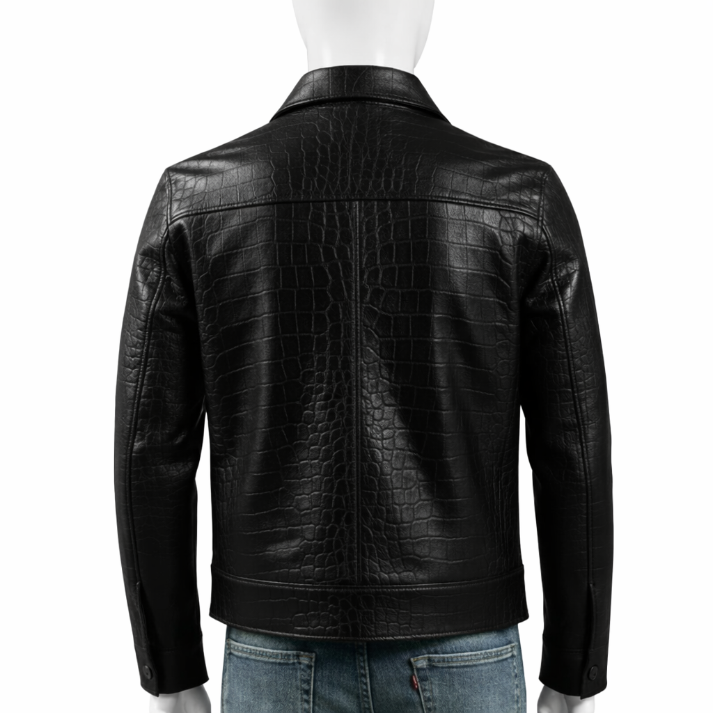 Mens Black Crocodile Embossed Genuine Leather Aviator Jacket