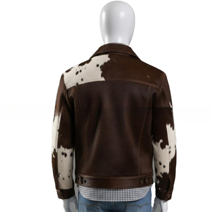 Mens Brown Patchwork Leather Jacket with Contrast Panels and Classic Button Closure