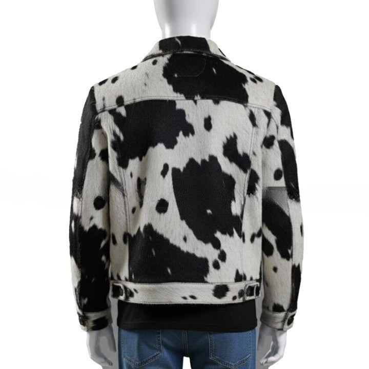 Back View of Black and White Cowhide Leather Jacket
