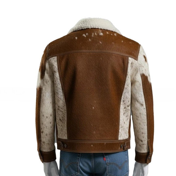 Mens Brown  Cream Cowhide Style Leather Jacket  Handmade Pathwork Western Jacket