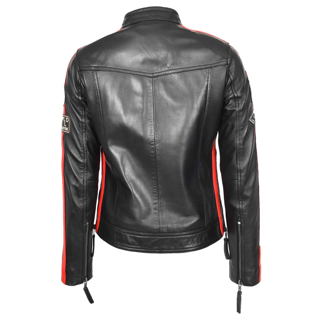 ladies Leather Cafe Racer Biker Jacket Motorcycle Badges Rosa Black