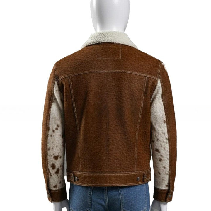 Mens Brown and Cream Shearling Collar Leather Jacket with Patterned Panels  Winter Casual Outerwear