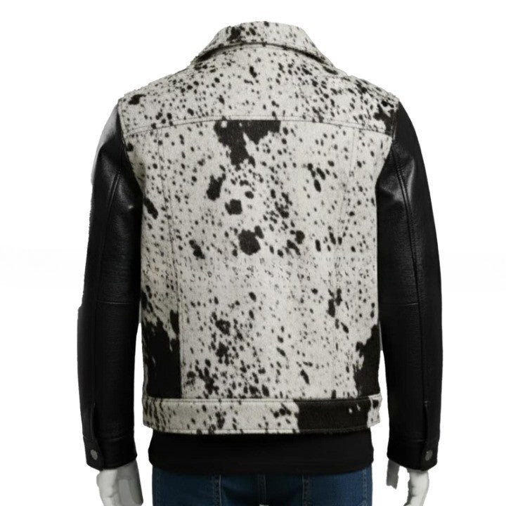 Mens Black and White Textured Leather Jacket with Modern Panel Design and Button Front