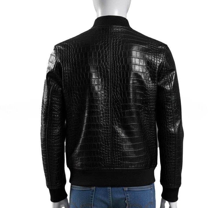 Mens Luxury Black Crocodile Embossed Leather Jacket  New Style Genuine Leather Bomber Jackets