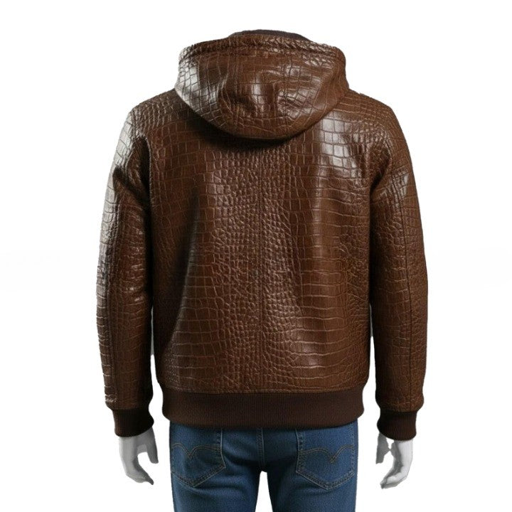 Mens Brown Croc Embossed Genuine Leather Hoodie  Biker Jacket