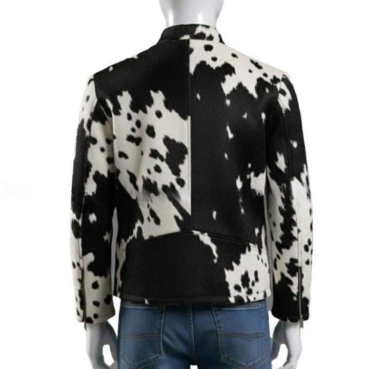Mens Hair On Cowhide Leather Jacket  Black  White Trucker Style