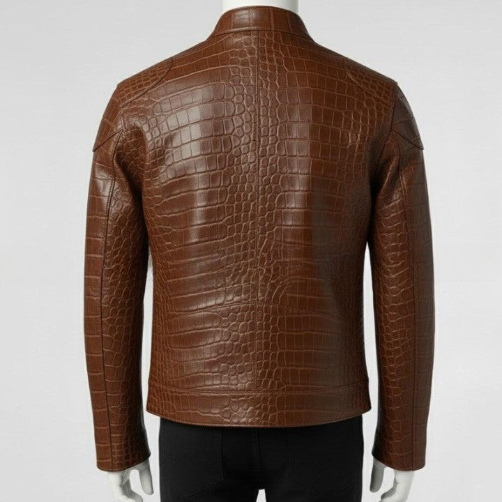 Mens Brown Croc Embossed Leather Jacket  Slim Fit Stand Collar