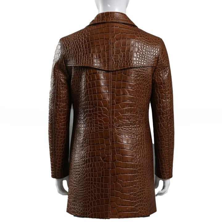 Mens Brown Croc Embossed Coat  Genuine Leather Button Front Jacket  Handmade Long Leather Outerwear