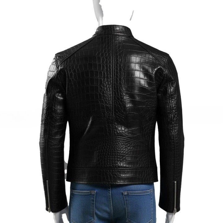 Mens Black Crocodile Embossed Leather Jacket  Genuine Leather Biker Jackets  Handmade Luxury Coat