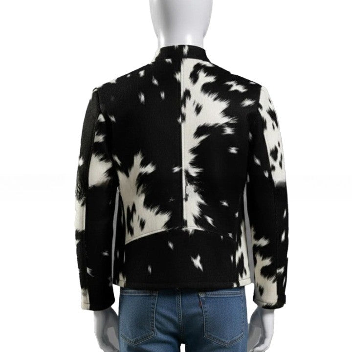 Mens Black and White Pattern Leather Jacket with Front Zip  Modern Minimalist Casual Outerwear