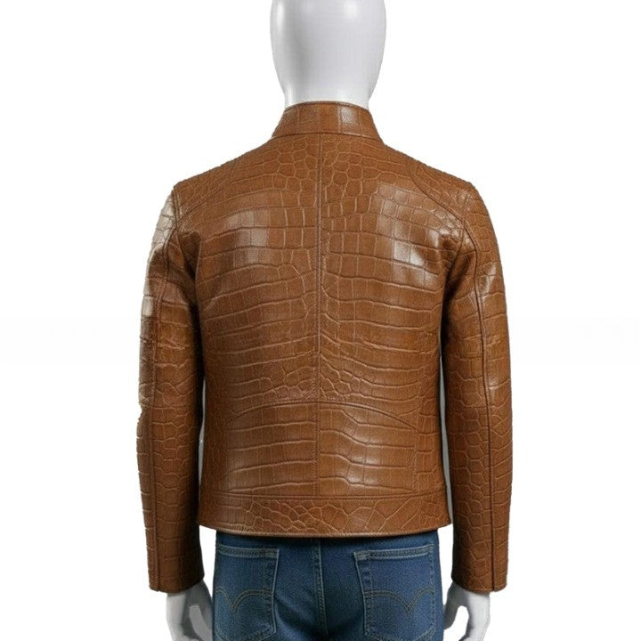 Mens Tan Brown Crocodile Embossed Genuine Leather Jacket