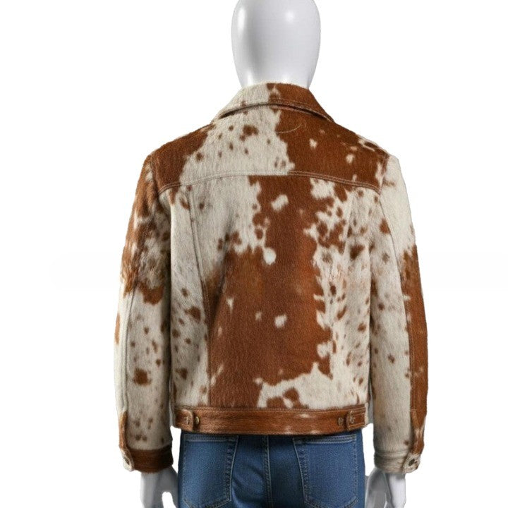 Mens Hair On Cowhide Trucker Jacket  Rust Brown  Ivory Western Outerwear