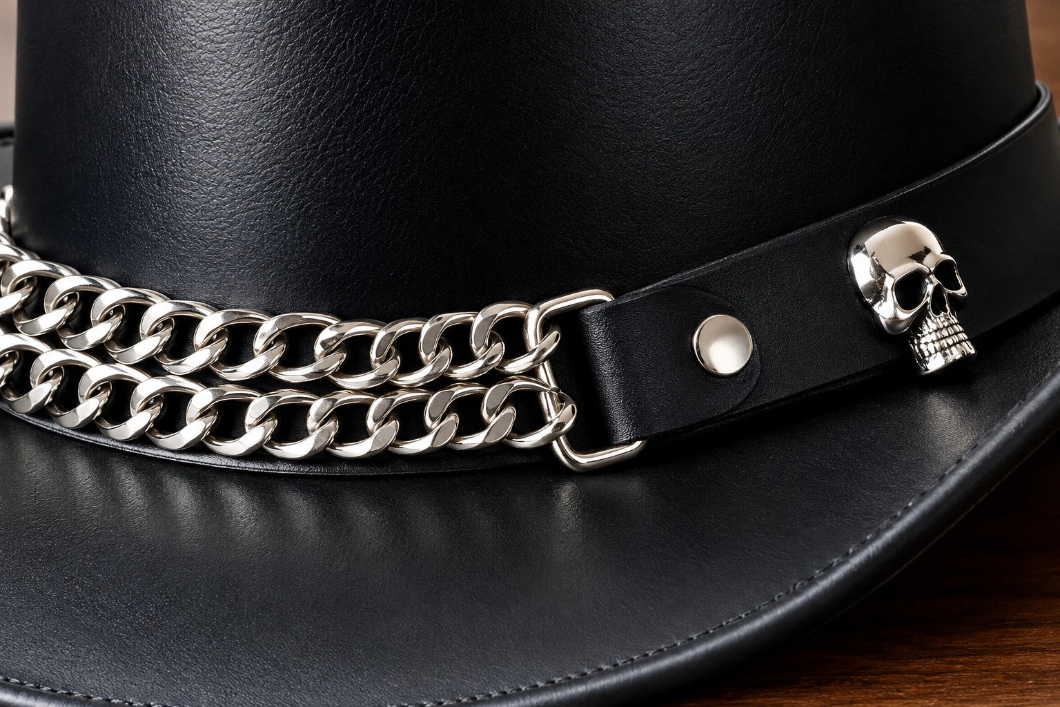 Mens Black Leather Cowboy Hat Chain Band Western Steampunk Gothix