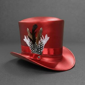 Handmade Red Leather Top Hat With Feathers Steampunk Victorian Festival Cosplay Hat