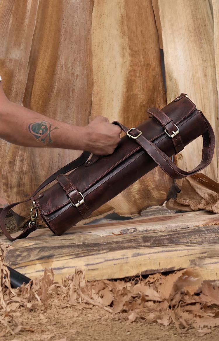 Dark Brown Leather Knife Roll With Shoulder Strap