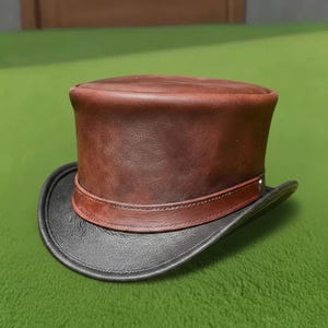 Handmade Brown  Black Leather Top Hat Victorian Steampunk Gothic Cosplay Hat