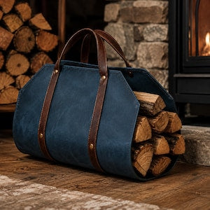 Full Grain Leather Log Carrier Personalized Handmade Rustic