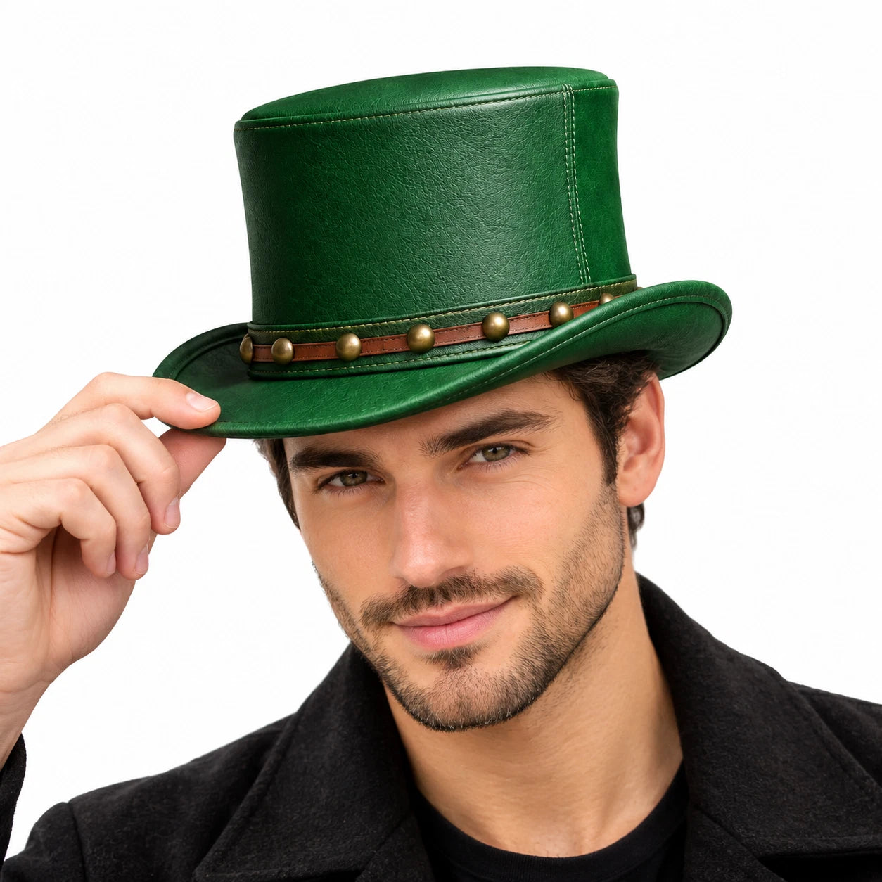 Genuine Leather Steampunk Top Hat Green Studded Band Gothic Mad Hatter S