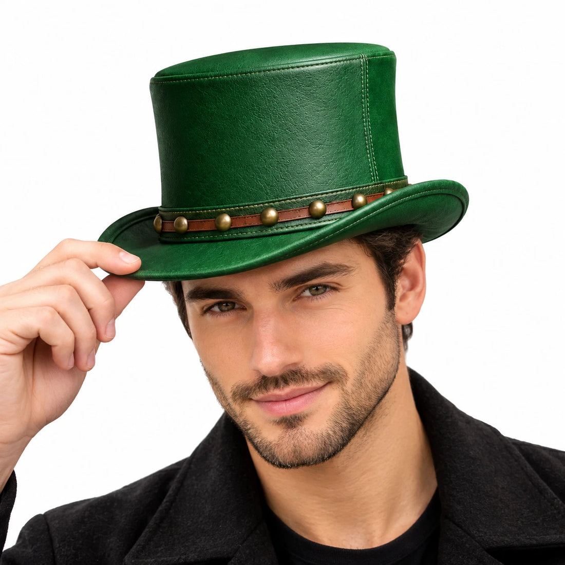 Genuine Leather Steampunk Top Hat Green Studded Band Gothic Mad Hatter S