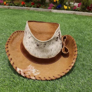 Handmade Unisex Hair On Cowhide Cowboy Hat Whipstitch Brim Western Cosplay Leather