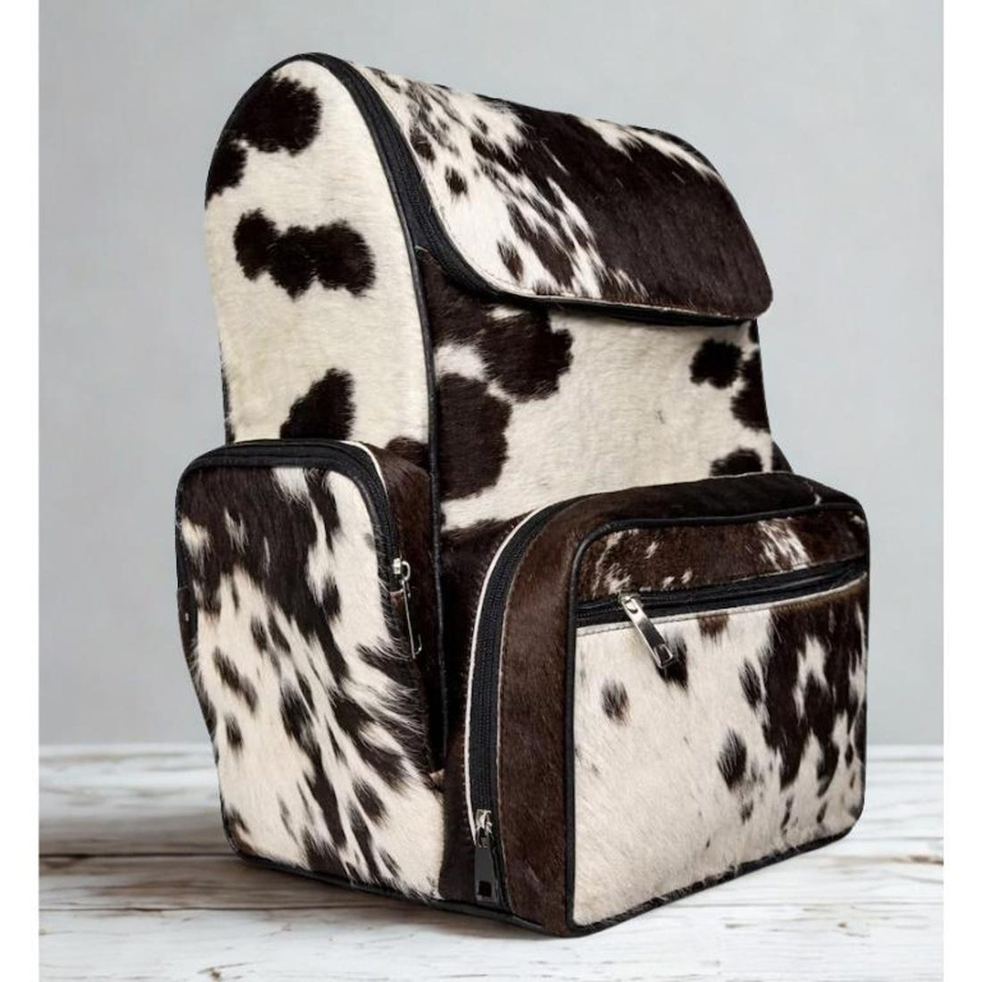 Handmade Genuine Cowhide Backpack, Black White Spotted Leather Rucksack