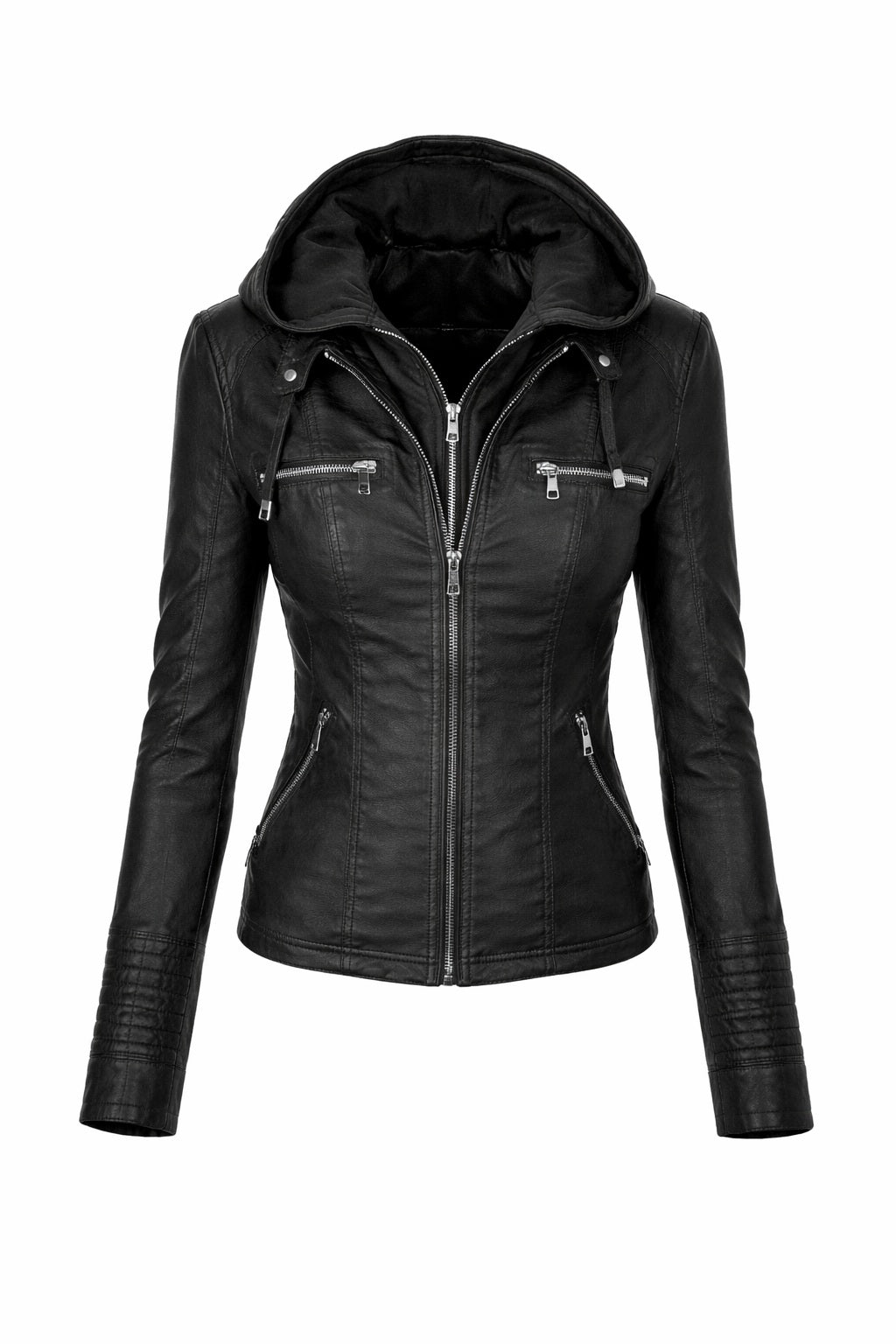 WLJ05 Detach Hoodie Womens Black Biker Stylish Real Leather Motorcycle Jacket