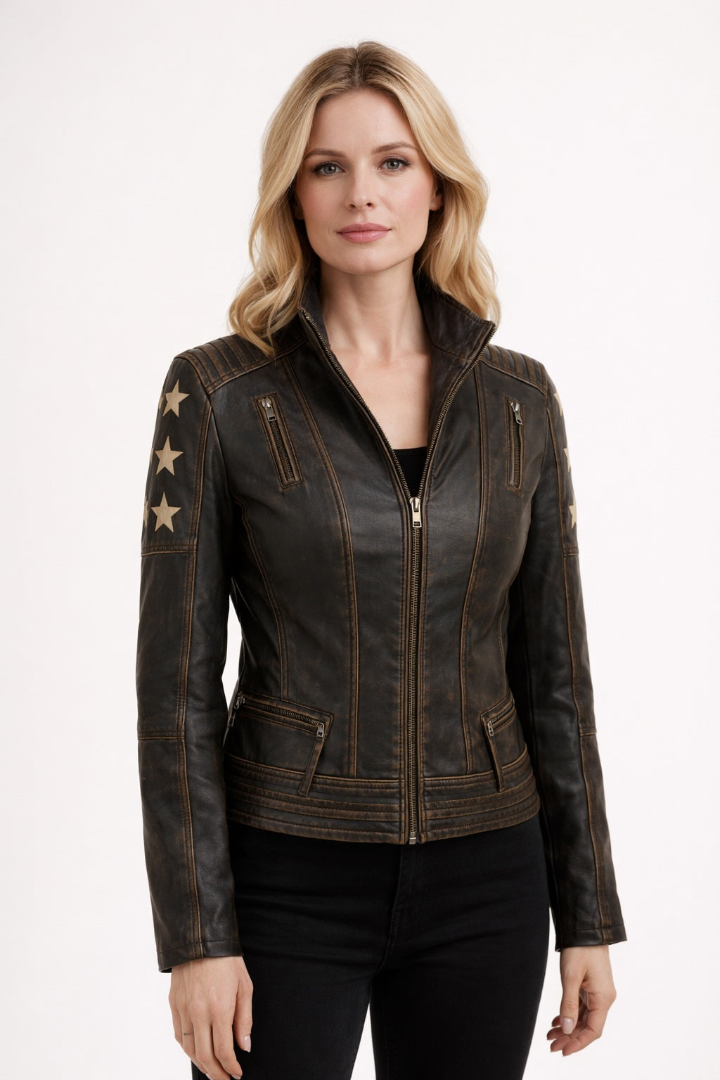 WLJ11 Womens Cafe Racer Star Slim Fit Stars Distressed Brown Classic Biker Leather Jacket