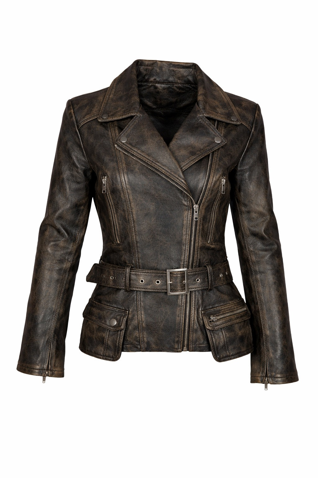 WLJ12 Vintage Women Cafe Racer Black Distressed Biker Real Leather Motorcycle Jacket