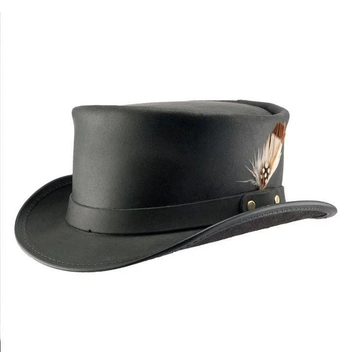 Genuine Leather Steampunk Top Hat Black Gothic Victorian Mens Cosplay Costume