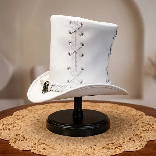 White Gothic Steampunk Top Hat Mens Womens Victorian Costume Skull Braided Hat