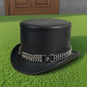 Handmade Black Leather Top Hat with Chain Gothic Steampunk Victorian Cosplay