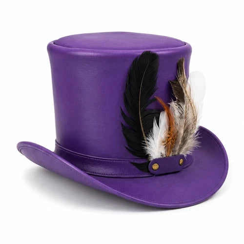 Purple Genuine Leather Top Hat Steampunk Gothic Victorian Mad Hatter Feather
