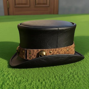 Handmade Mens Black Leather Top Hat Skull Studded Steampunk Gothic Cosplay