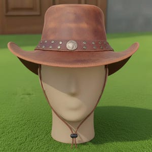 Handmade Brown Leather Cowboy Hat Rustic Western Studded Concho Band Outdoor Style