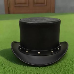 Handmade Black Leather Steampunk Top Hat Gothic Biker Iron Cross Cosplay  Festival Gift