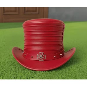 Handmade Red Leather Steampunk Top Hat  Gothic Studded Victorian Festival Hat for Men Women