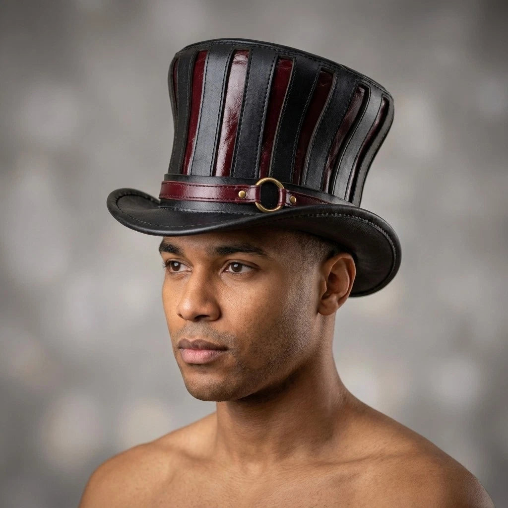 Black Leather Steampunk Top Hat Victorian Gothic Costume Festival Cosplay Hat