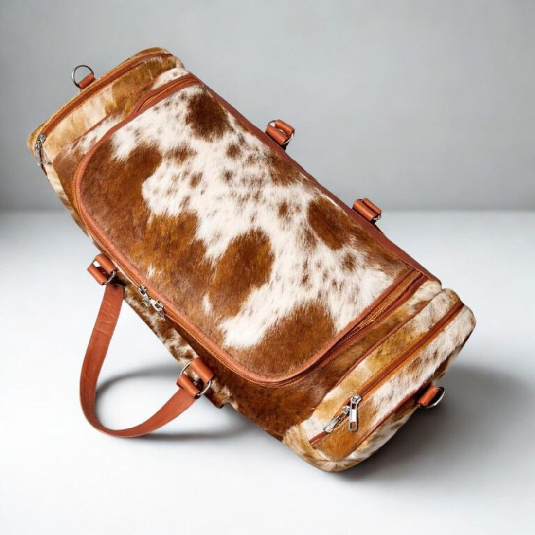 Tan  White Cowhide Duffel Bag  Genuine Leather Western Weekender 22