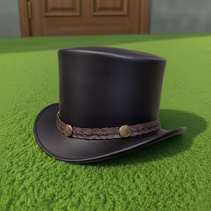 Handmade Black Leather Top Hat with Brown Band Western Steampunk Gothic Festival Wear