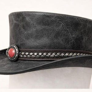 Distressed Leather Top Hat with Chain Band and Red Stone Accent  Unisex Handmade Headwear