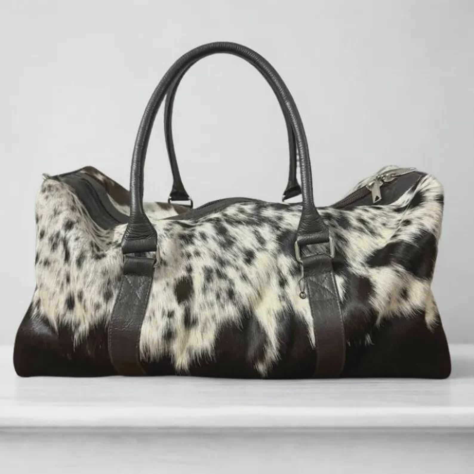 Cowhide Duffle Bag Genuine Hair on Hide Leather Weekender Duffel Overnight Holdall Gift