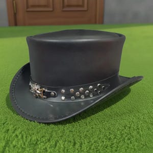 Handmade Black Leather Steampunk Top Hat Gothic Skull Cowboy Western Rocker Hat