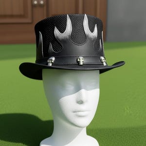 Handmade Black Leather Top Hat with flame design Gothic Steampunk Skull Cosplay